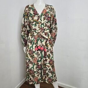 Figue Midi Dress Size S Birds Floral Shirtdress Belt Pockets V-Neck Long Sleeve